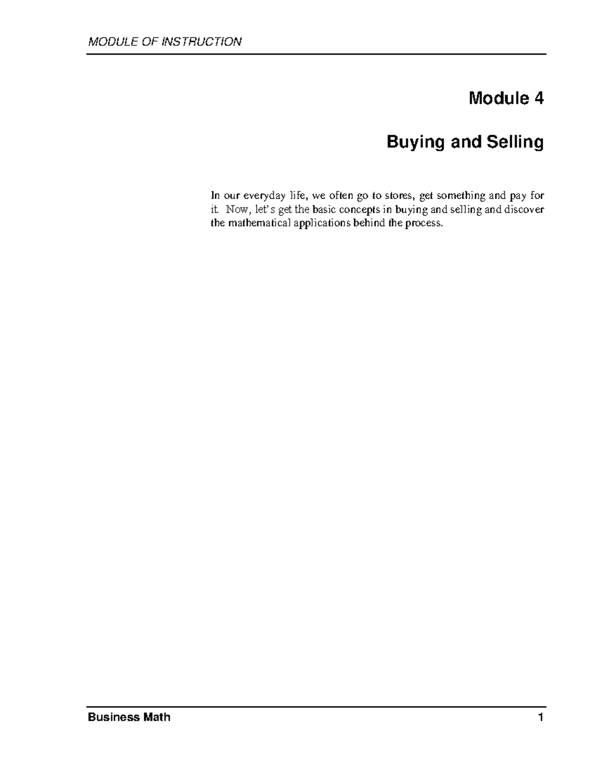 Week 008 Business Math 1 Module: Concepts of Buying and Selling - Studocu