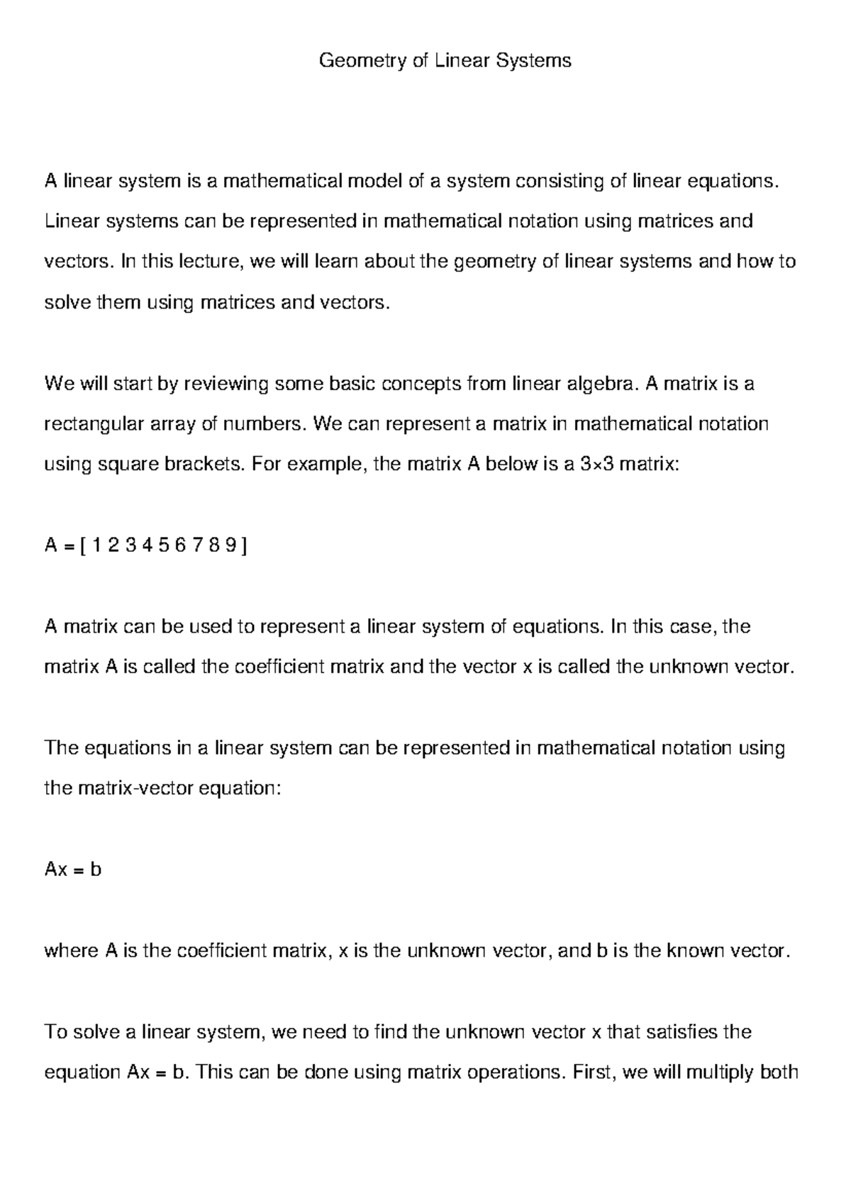 Geometry of Linear Systems - Linear systems can be represented in ...