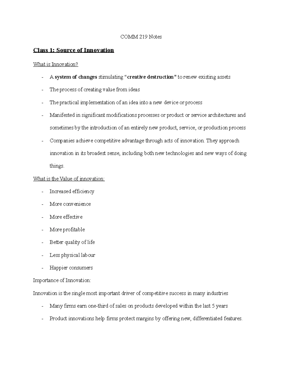 COMM 219 - Chapter 1 - Innovation Concepts and Importance Notes - Studocu