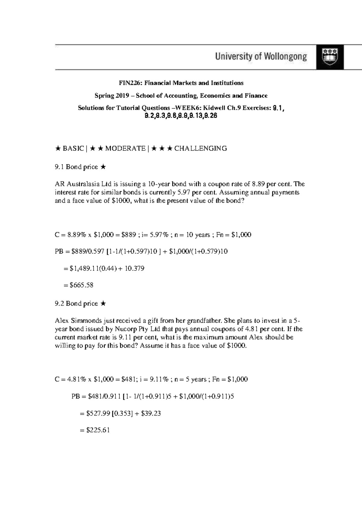 FIN226 Tutorial Solutions for Week 6: Bond Pricing Exercises - Studocu