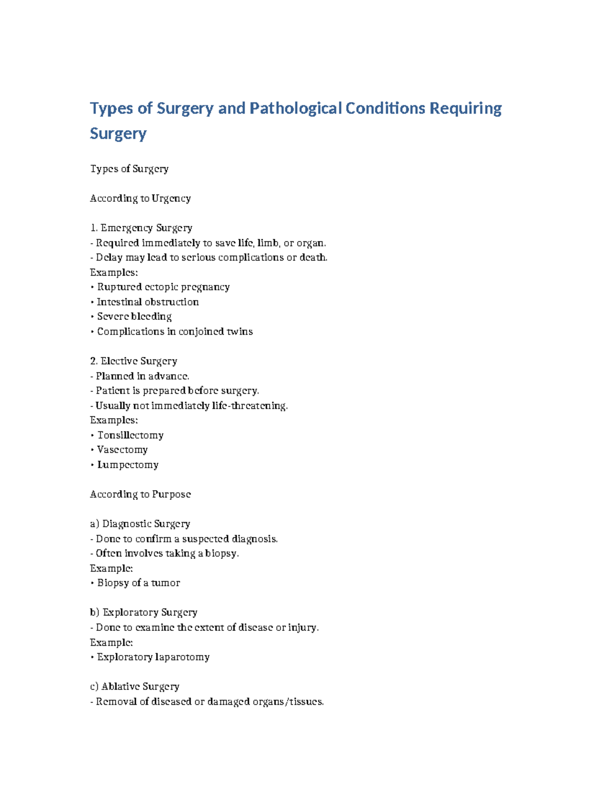 Types of Surgery Notes: Urgency & Pathological Conditions - Studocu