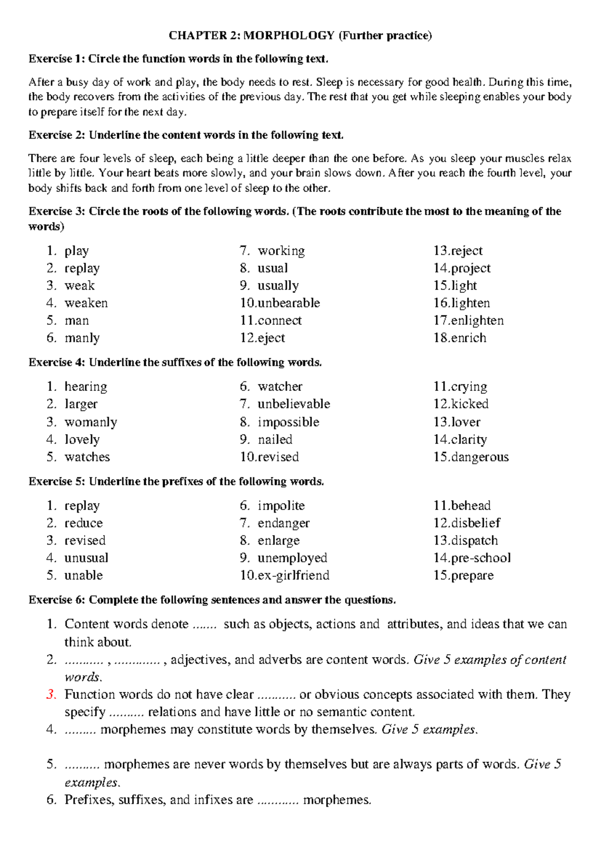 CHAPTER 2: MORPHOLOGY - Function and Content Words Exercises - Studocu
