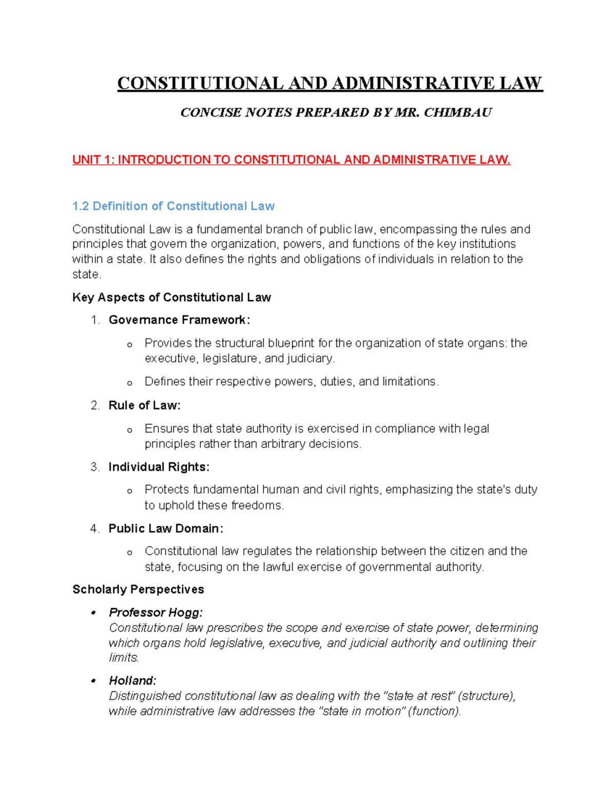 Constitutional and Administrative Law Notes - Unit 1 Overview - Studocu