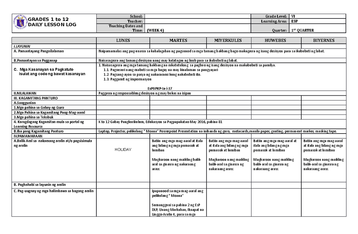 ESP DLL-W4: Lesson Plan for Grade VI - Responsible Decision Making ...