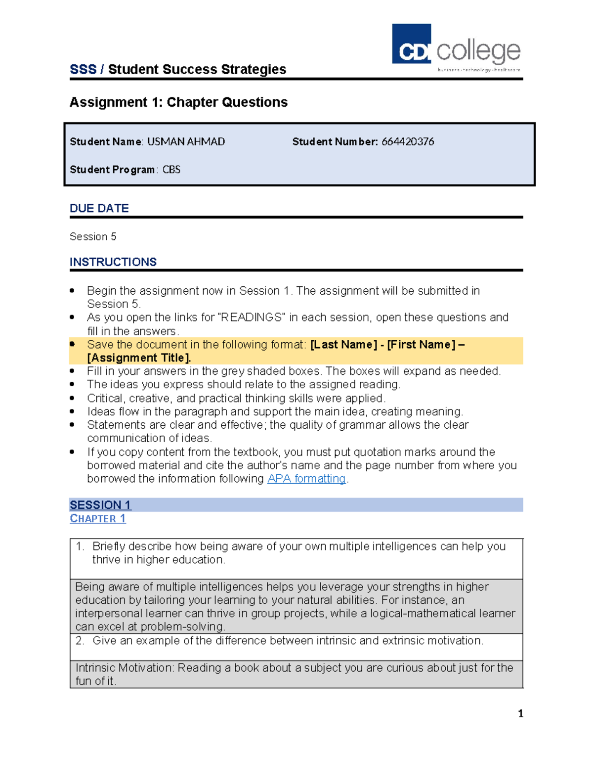 CBS Student Success Strategies Assignment 1: Chapter Questions - Studocu