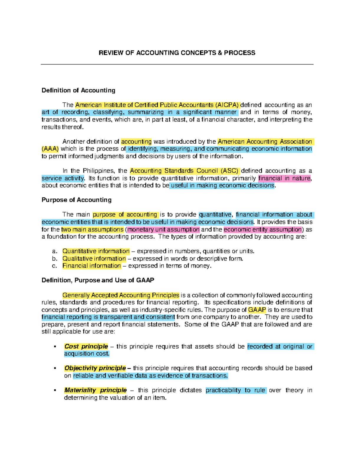 Review of Accounting Concepts and Principles - ACC 101 - Studocu