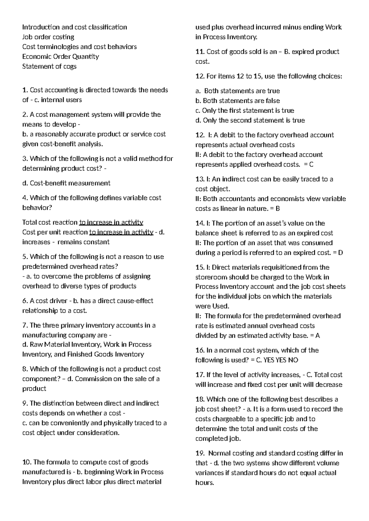 COST 101: Comprehensive Review for Cost Accounting Concepts and EOQ ...