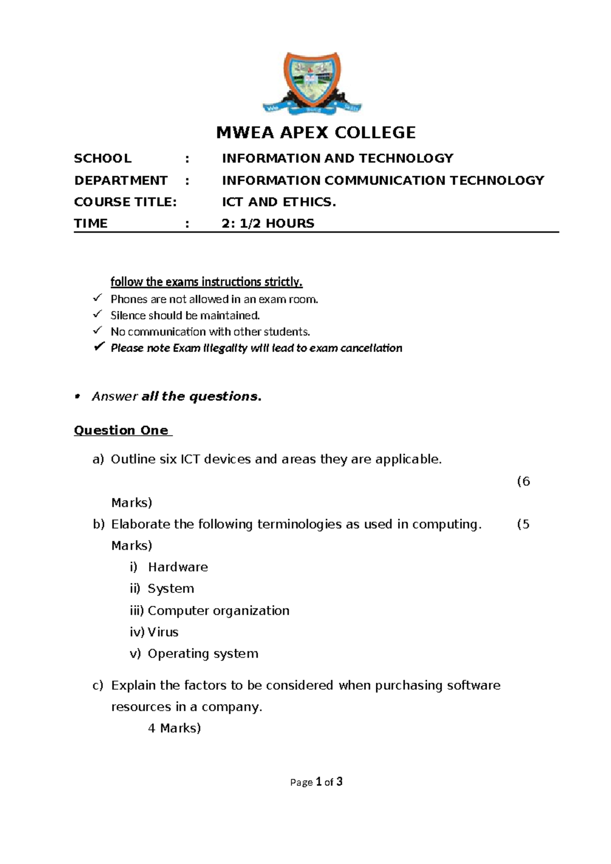MWEA ICT 101: Time ICT and Ethics Final Exam Guidelines - Studocu