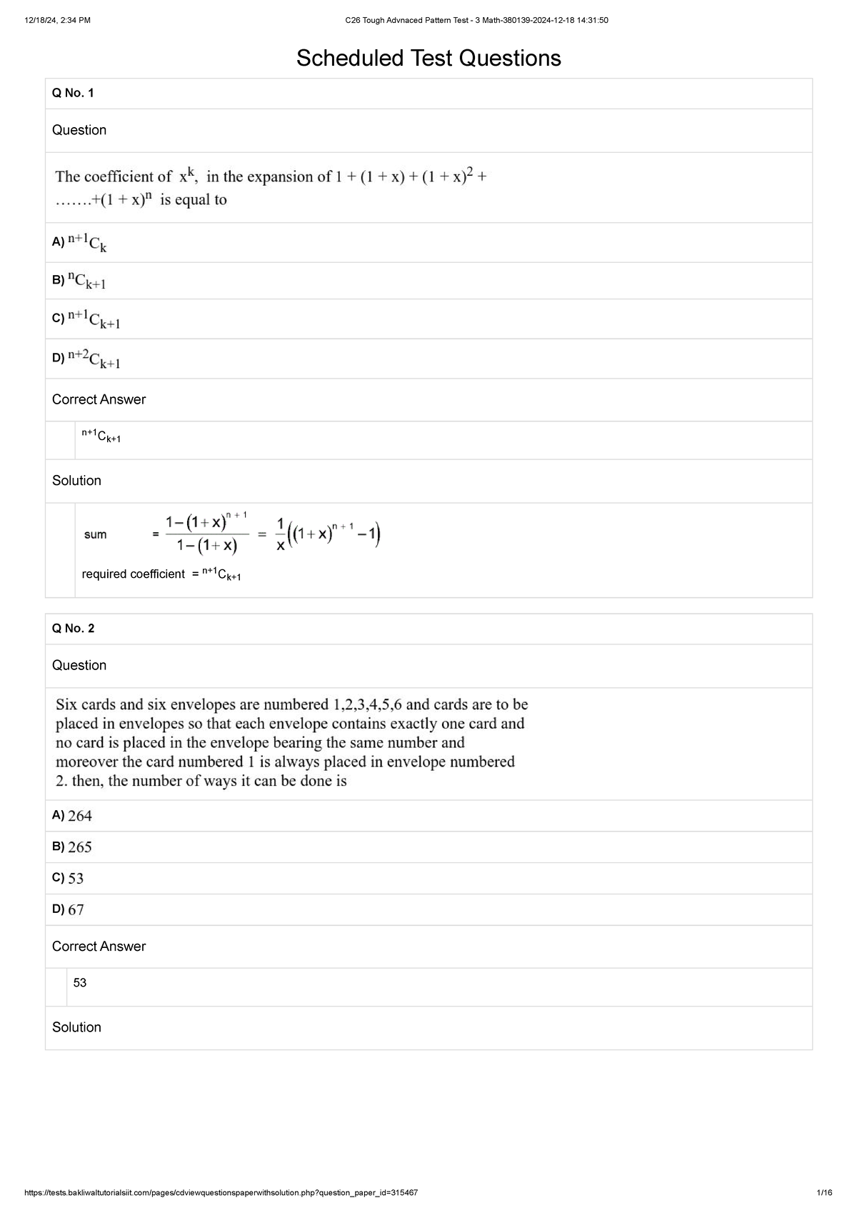 C26 Tough Advnaced Pattern Test - 3 Math - Scheduled Test Questions Q ...