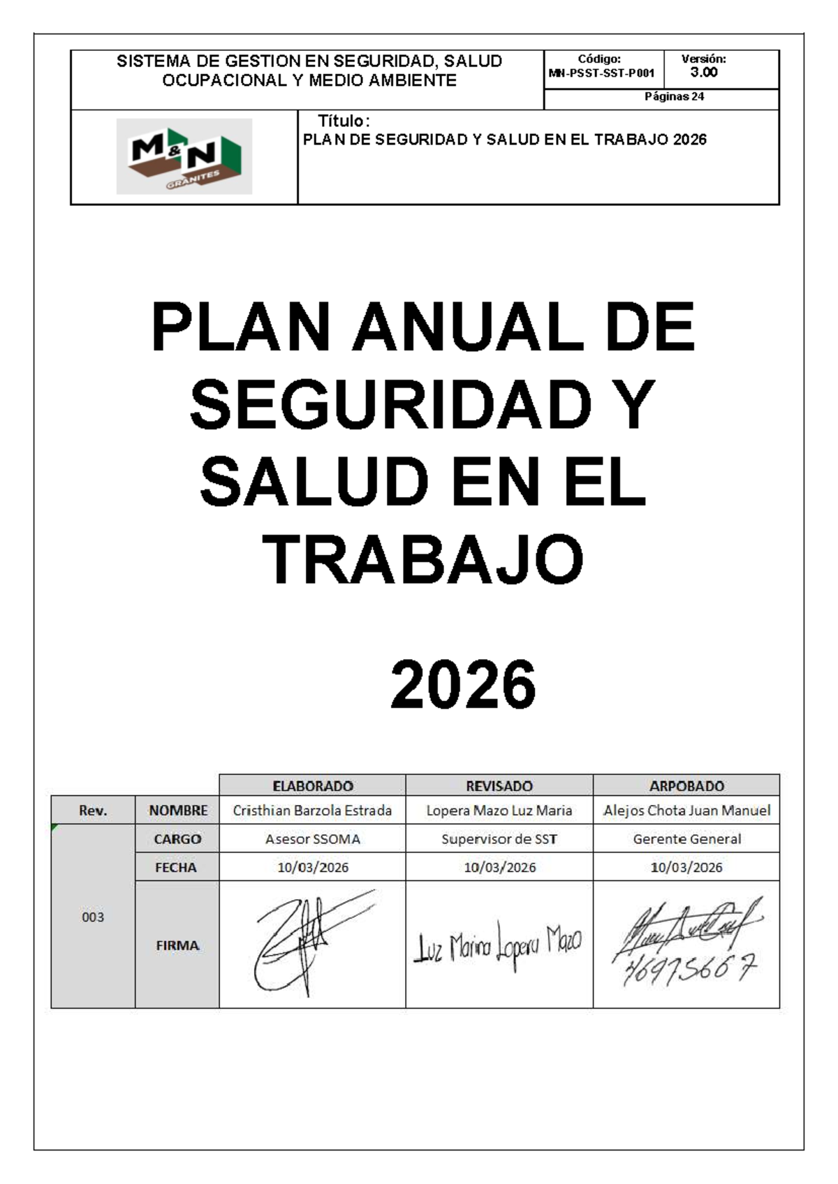 PLAN ANUAL DE SEGURIDAD Y SALUD EN EL TRABAJO 2026 - M&N GRANITES - Studocu
