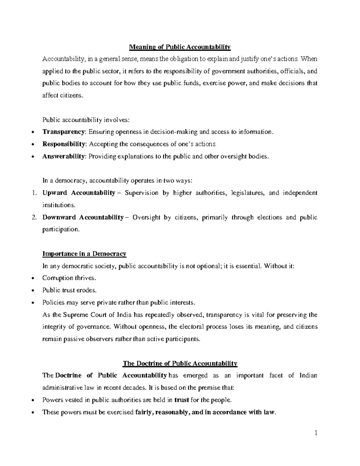 Meaning and Importance of Public Accountability in Governance - Studocu