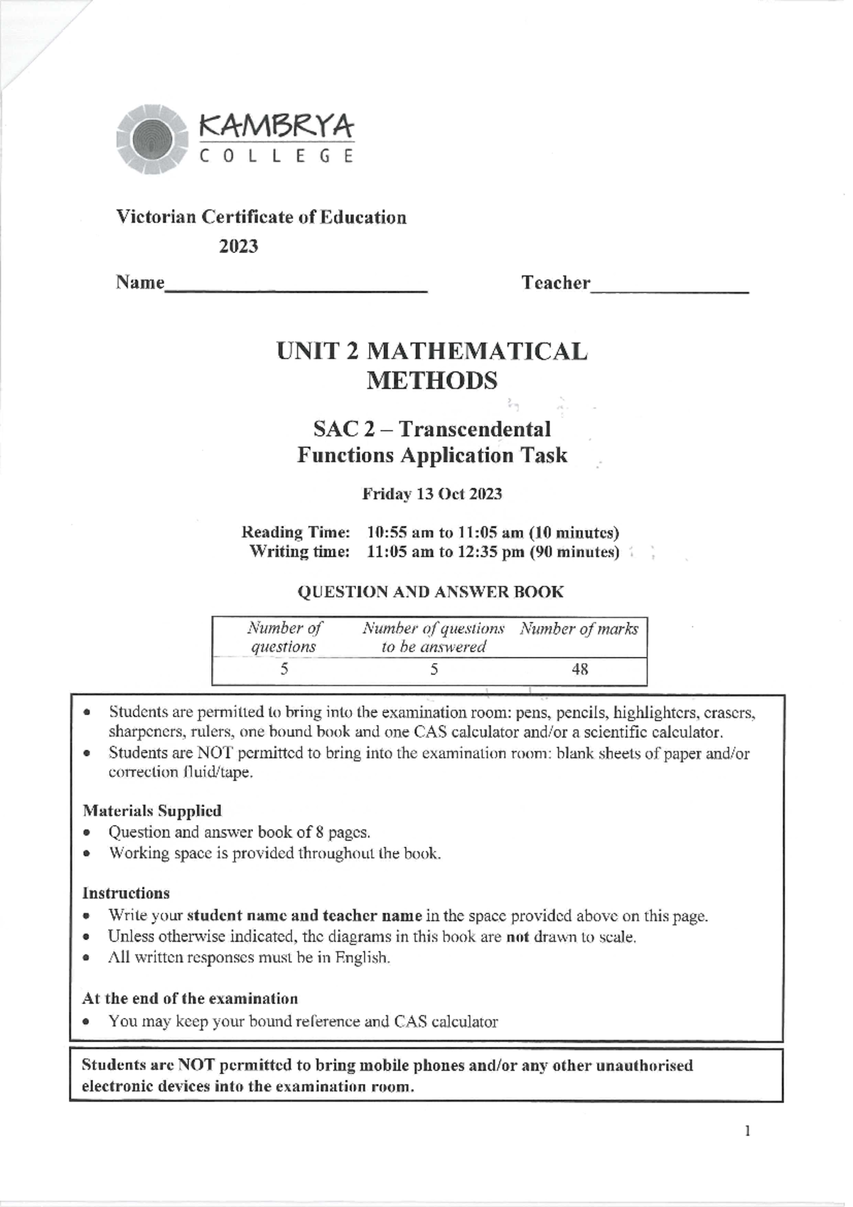 Mathematical Methods Unit 2 SAC 2: Trigonometric Solutions Guide - Studocu