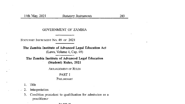 Statutory Instrument No. 49 of 2021: Zambia Legal Education Rules - Studocu