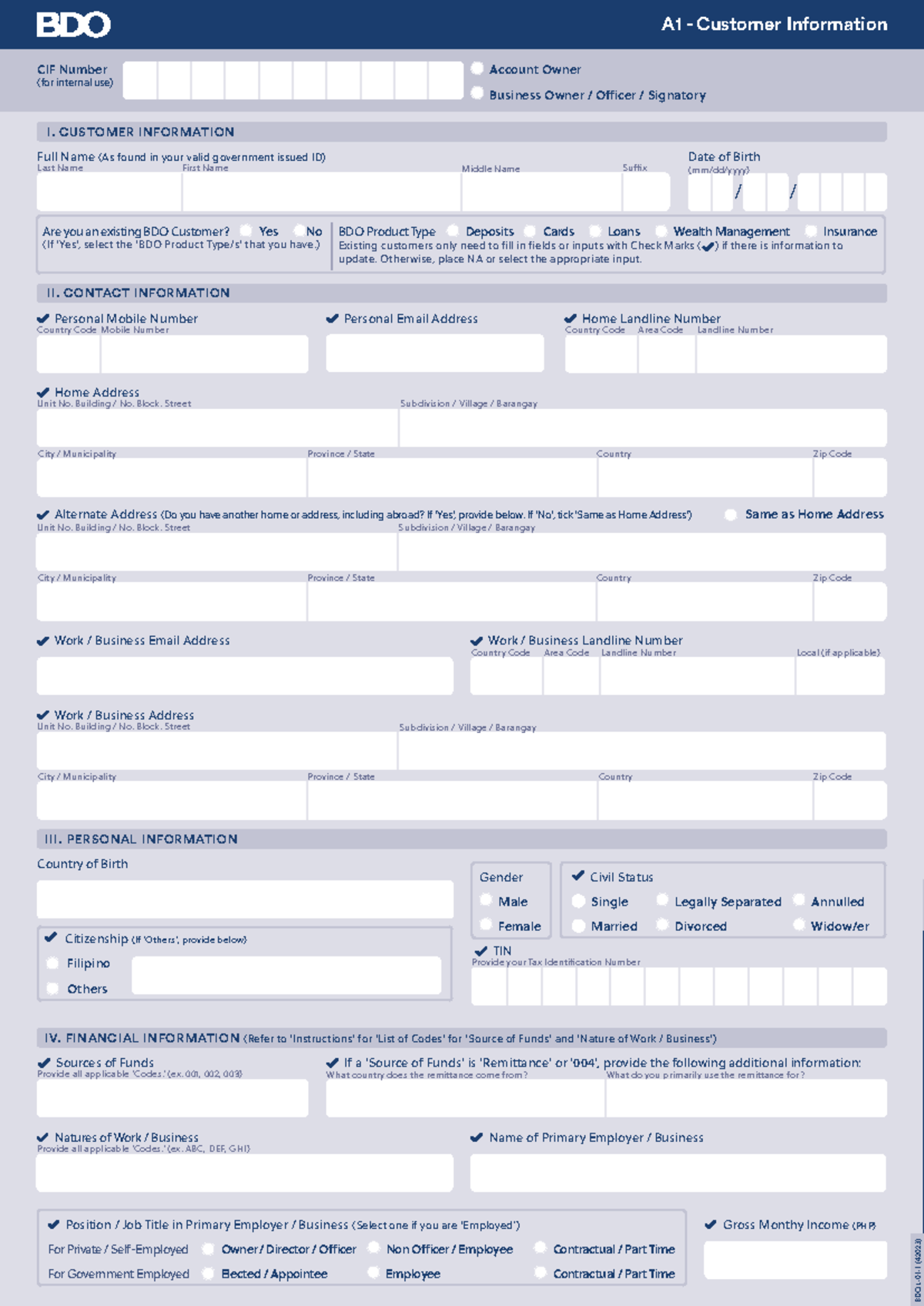 A1 Customer Information form - Home Address A1 - Customer Information ...