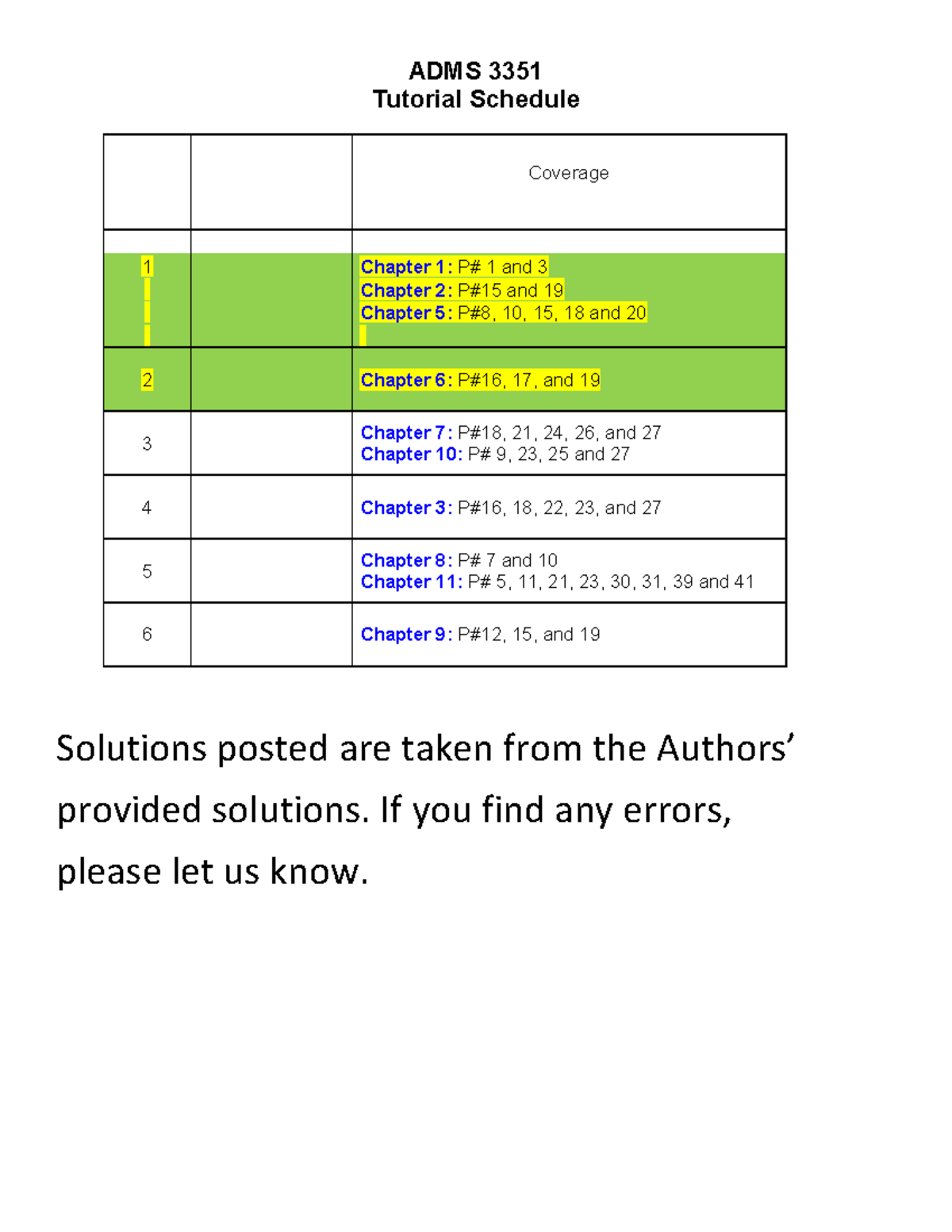 problem solutions - ADMS 3351 Tutorial Schedule Coverage 1 Chapter 1: P ...