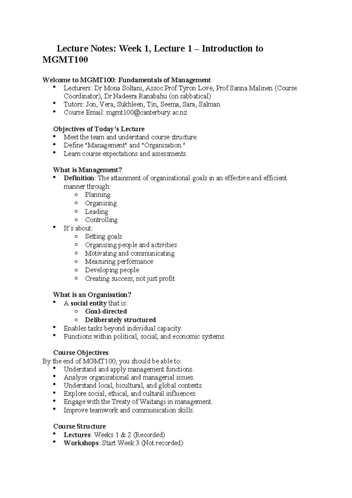 MGMT100 Lecture Notes: Weeks 1-9 Overview of Management Concepts - Studocu