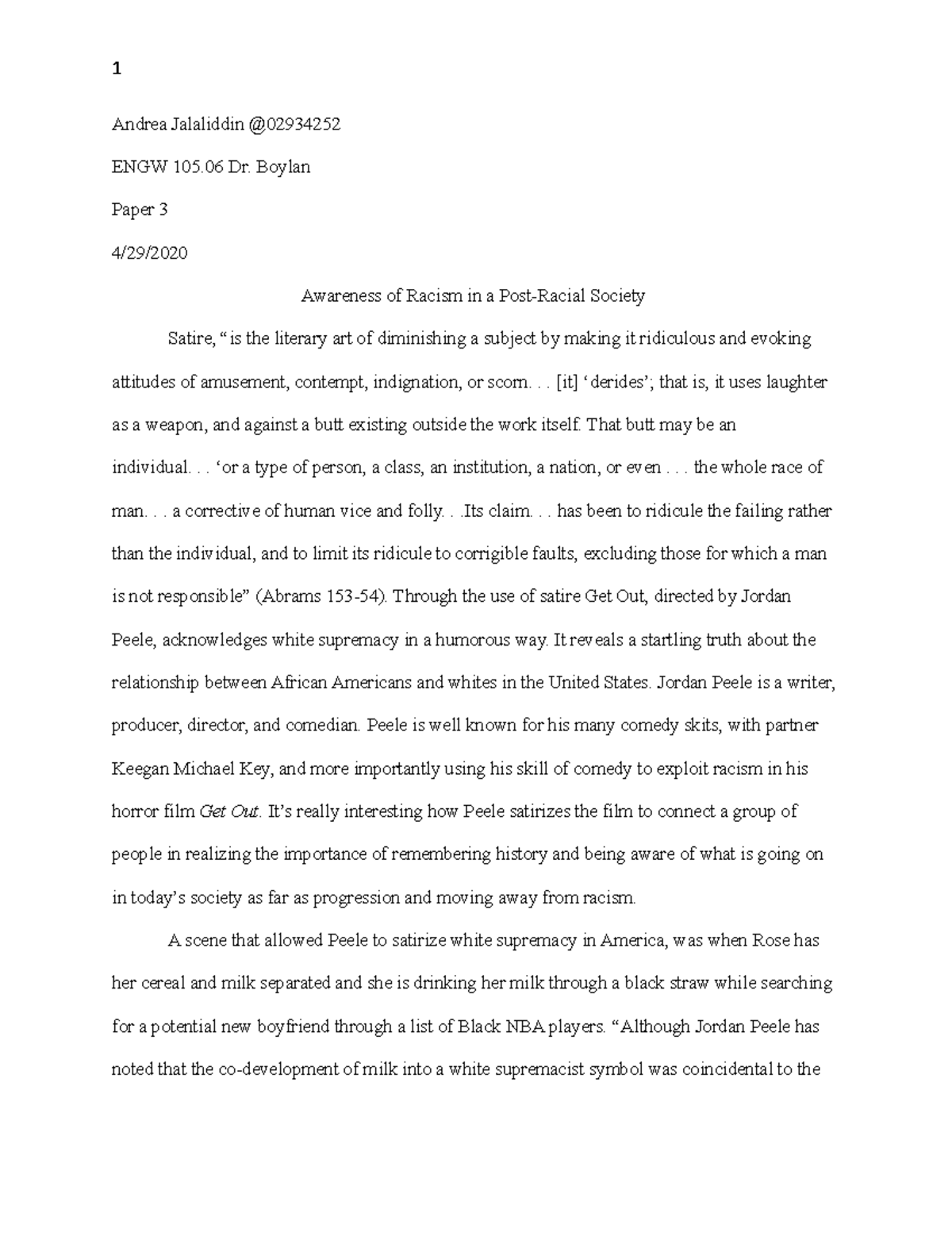 ENGW 105 Paper 3: Satirical Analysis of Racism in Get Out - Studocu