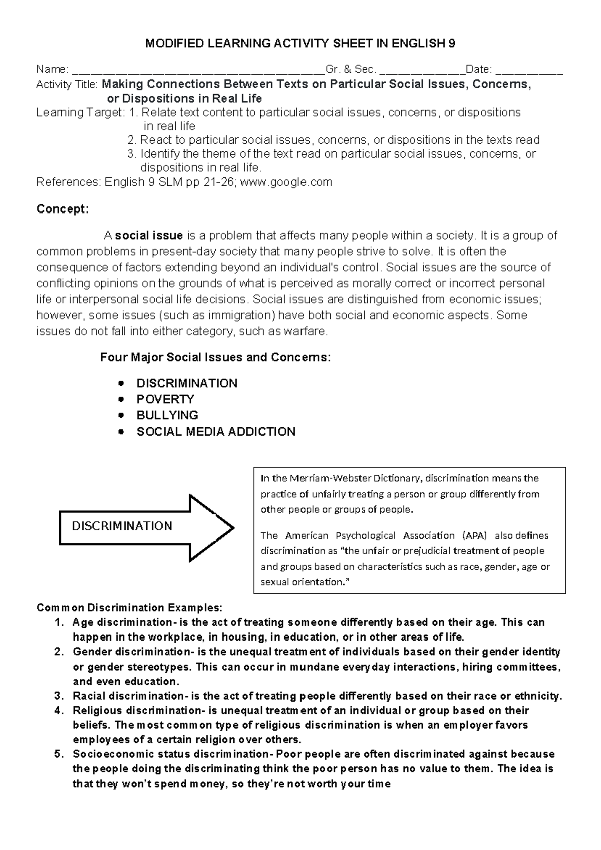 Modified Learning Activity Sheet: Making Connections in English 9 - Studocu
