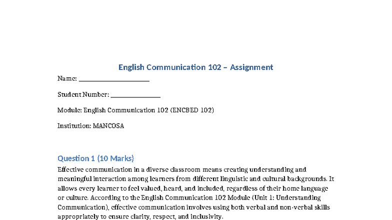 English Communication 102 Assignment: Effective Classroom Communication ...