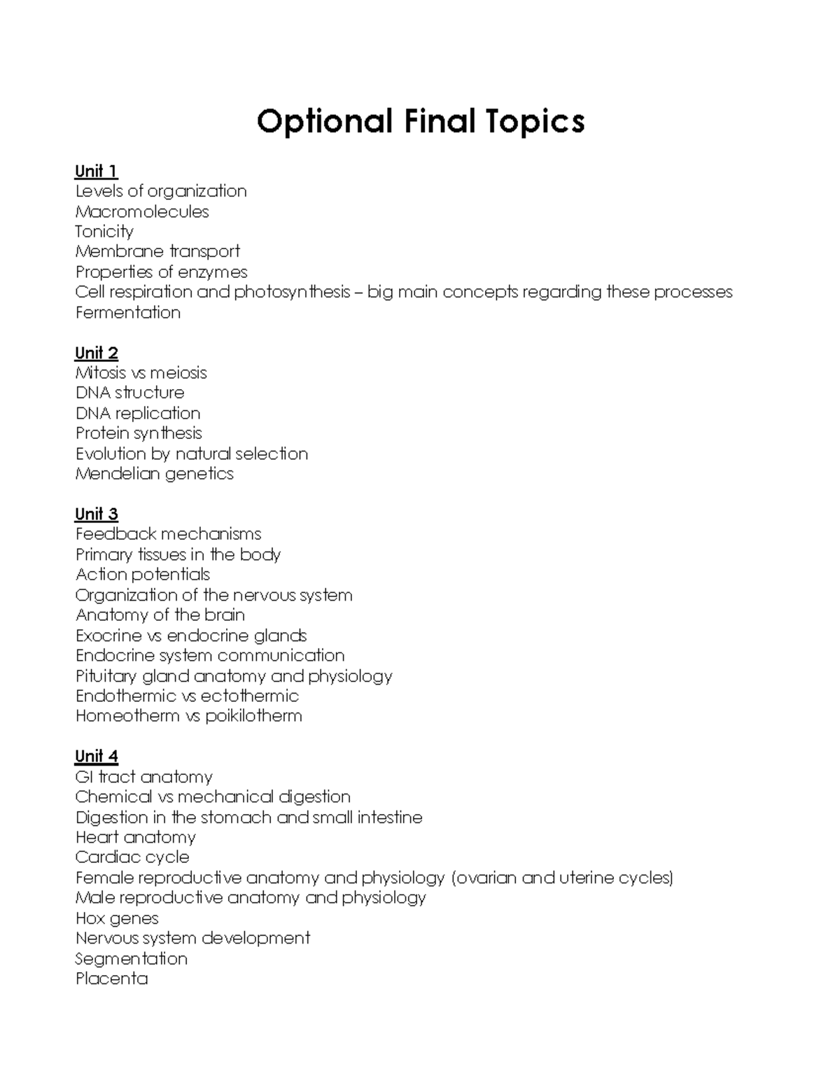 Optional Final Exam Topics for BIO 110: Key Concepts and Units ...