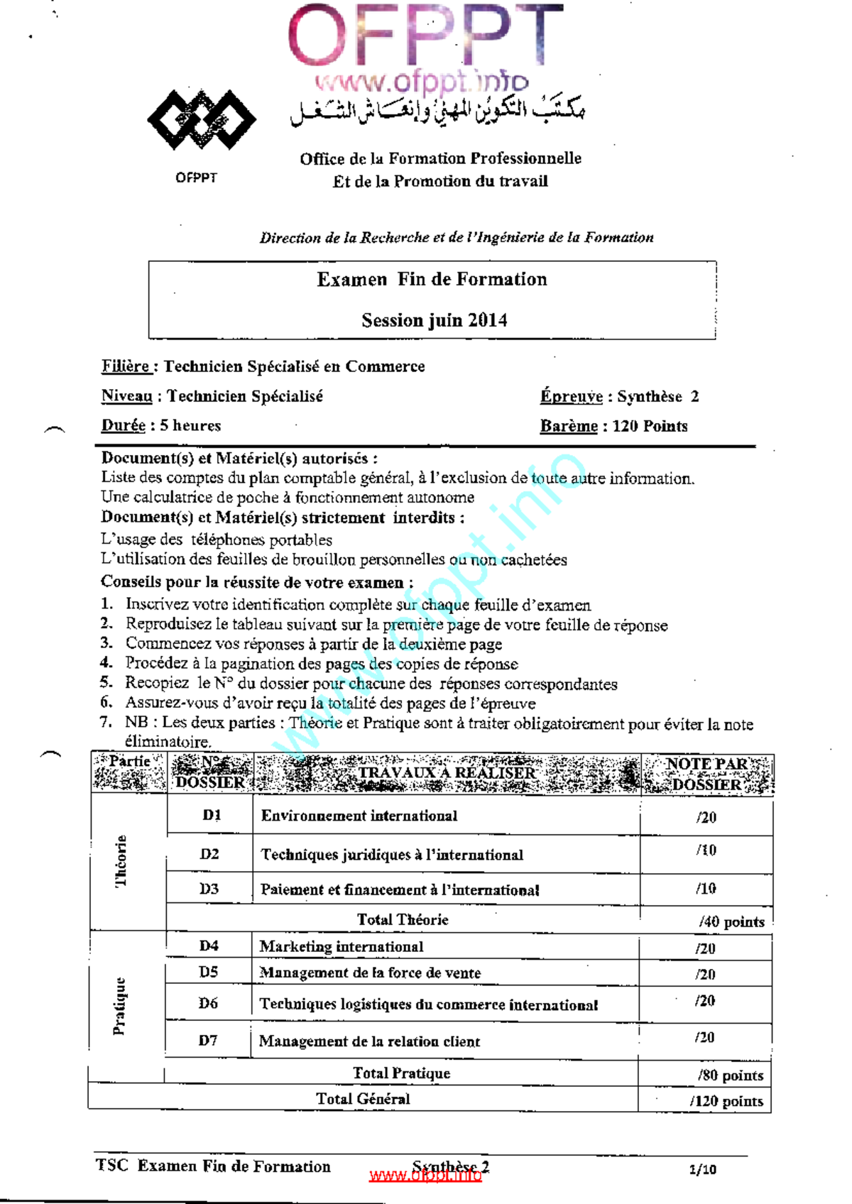 TSC 2014 Examen Fin de Formation: Synthèse 2 en Commerce - Studocu