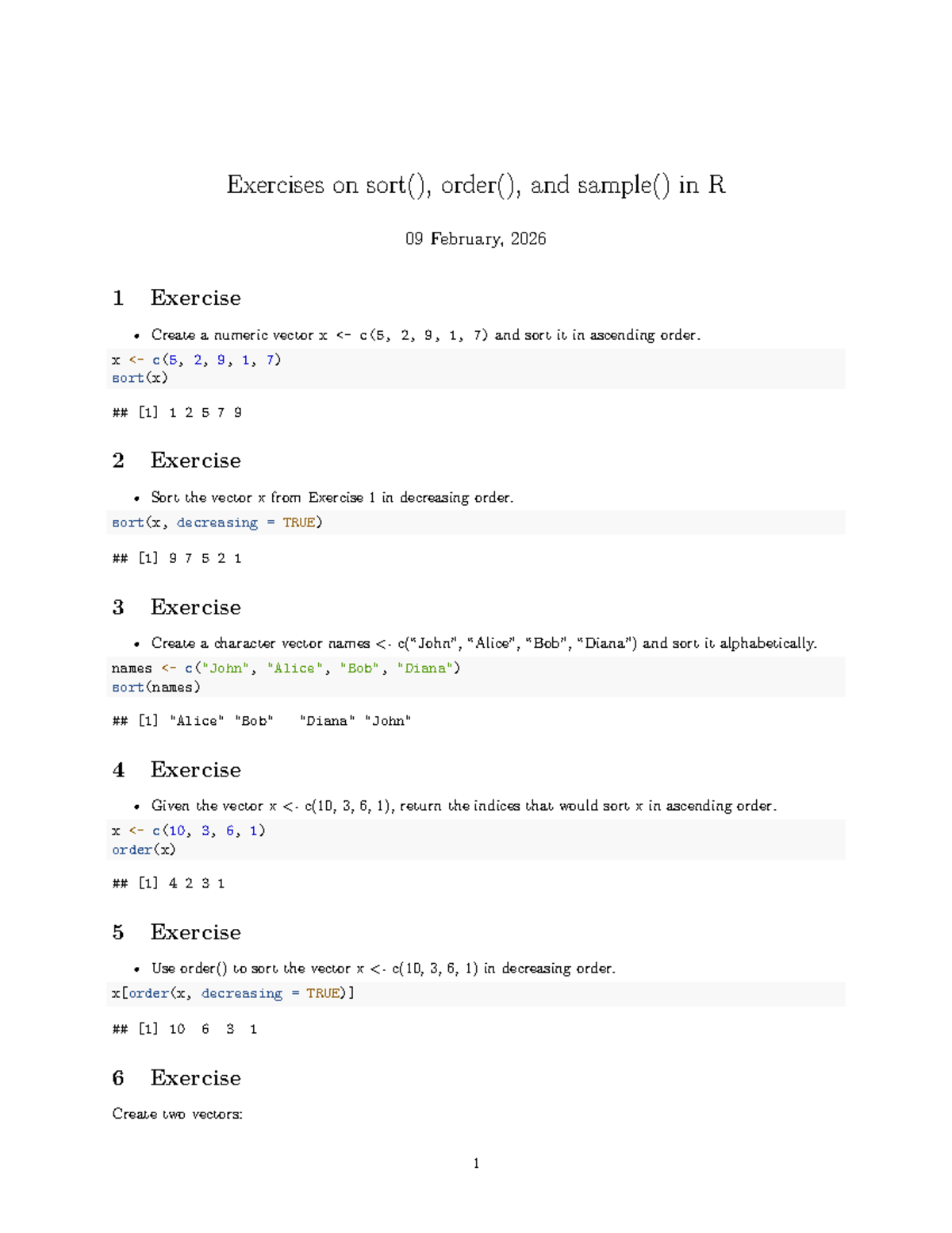 R3 - Exercises on sort(), order(), and sample() in R - Studocu