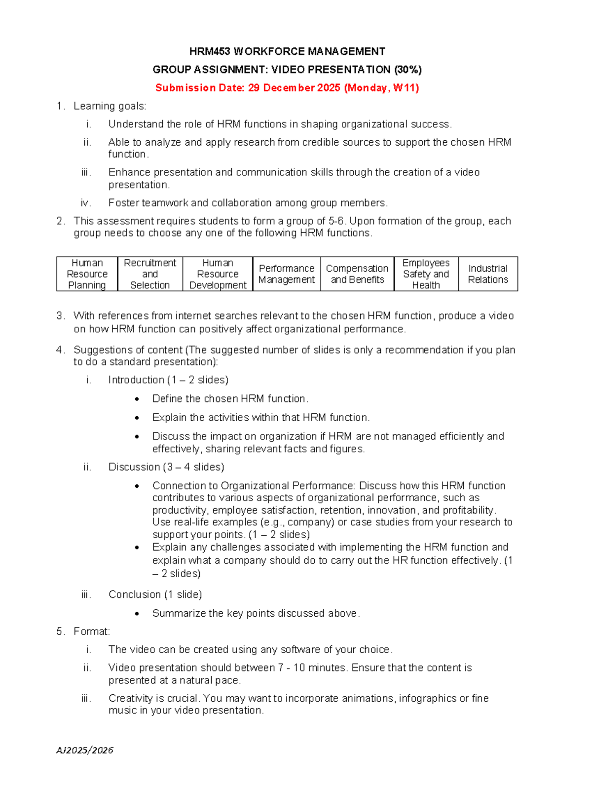 HRM453 - Workforce Management Group Assignment: Video Presentation ...