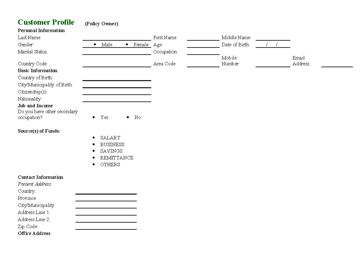 Insurance Customer Profile Form - Personal Info & Beneficiary Details ...