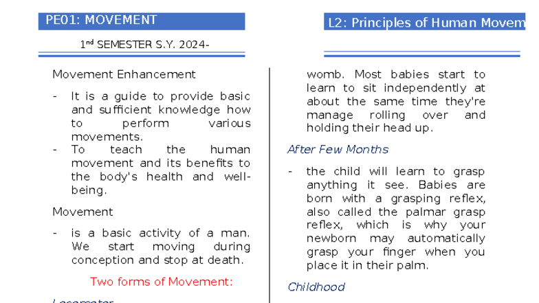 PE01: Movement Enhancement & L2 Principles of Human Movement Guide ...