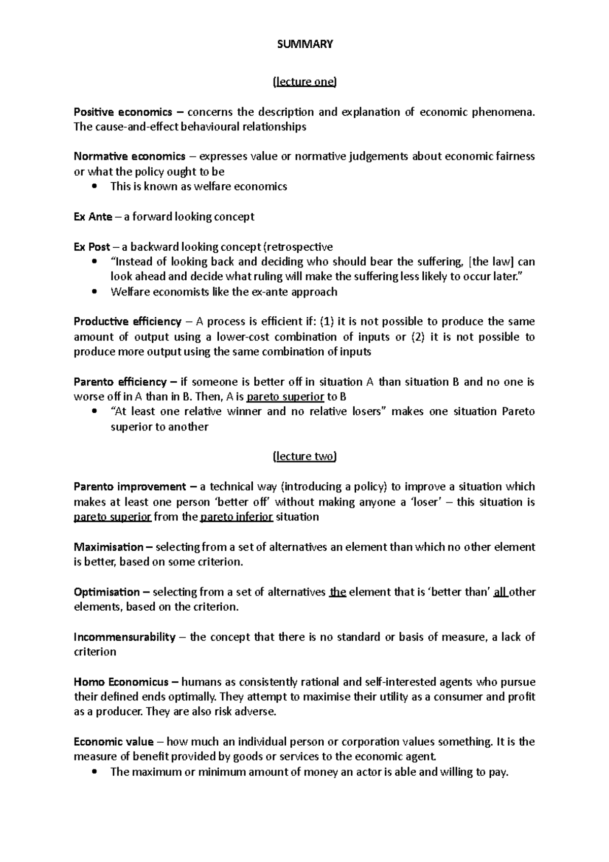 Key Concepts and Summaries: Economics Lectures 1-6 Insights - Studocu