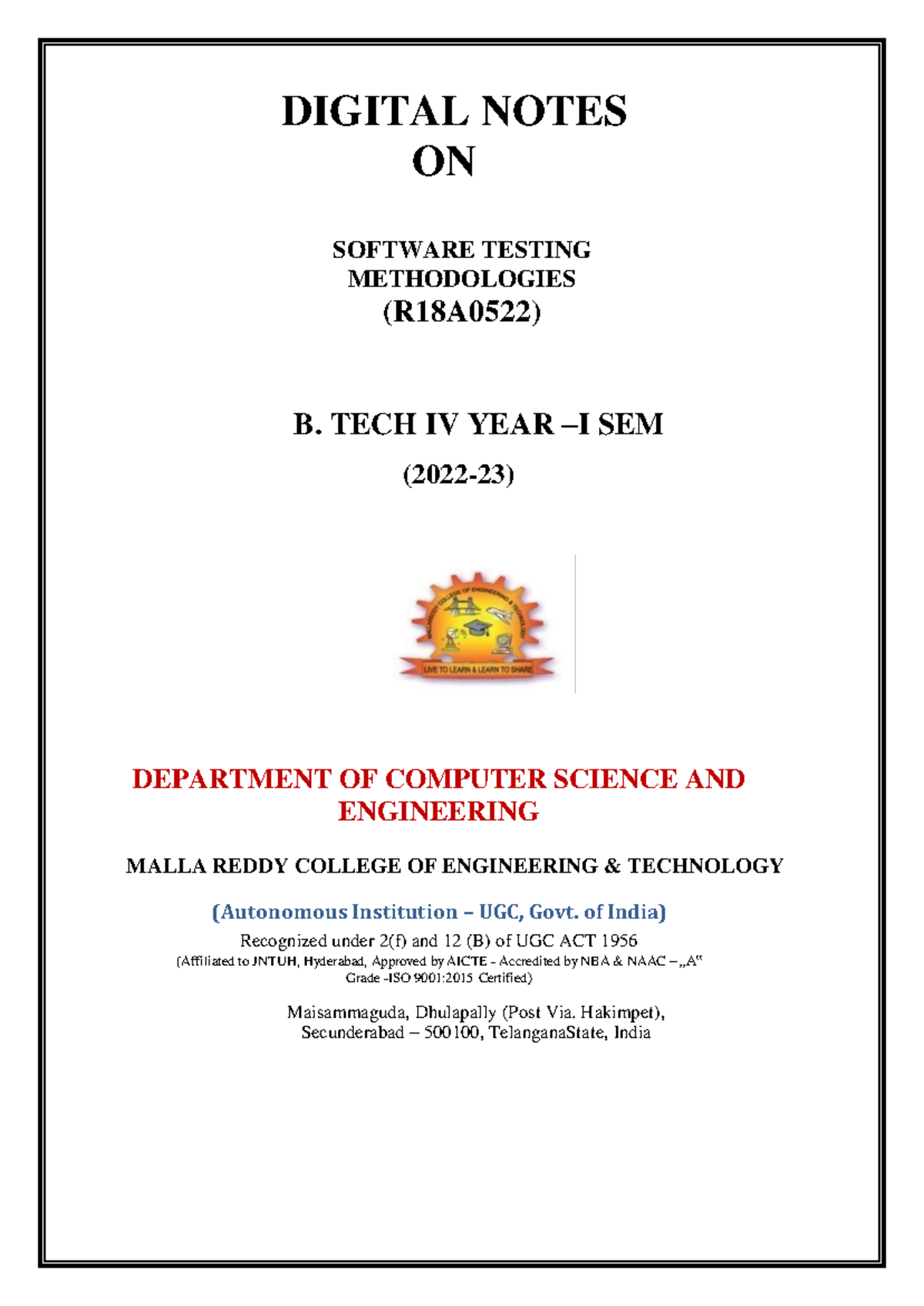Software Testing Methodologies (R18A0522) - B. Tech IV Year Notes - Studocu