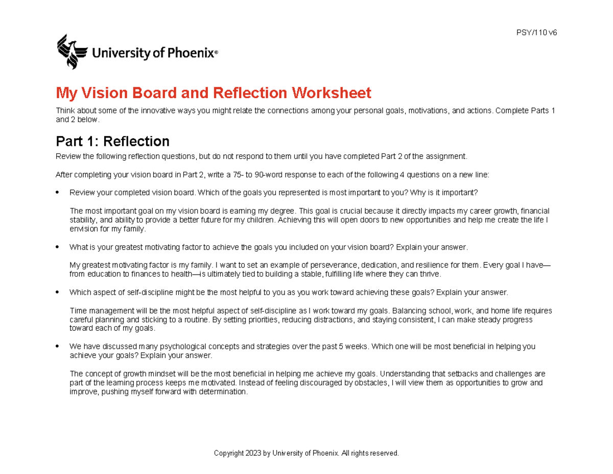 Psy110 v6 wk5 my vision board and reflection worksheet- Logan - PSY/110 ...