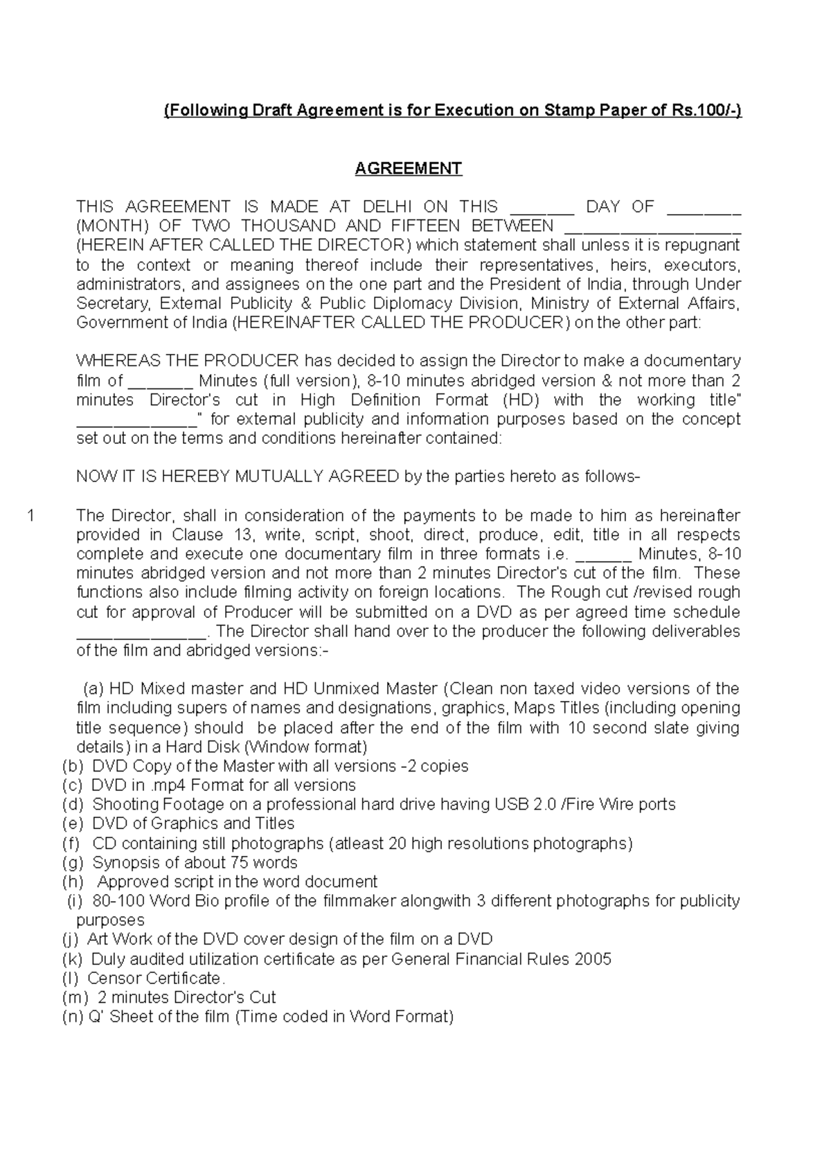 Draft Director Agreement for Documentary Film Production in 2015 - Studocu