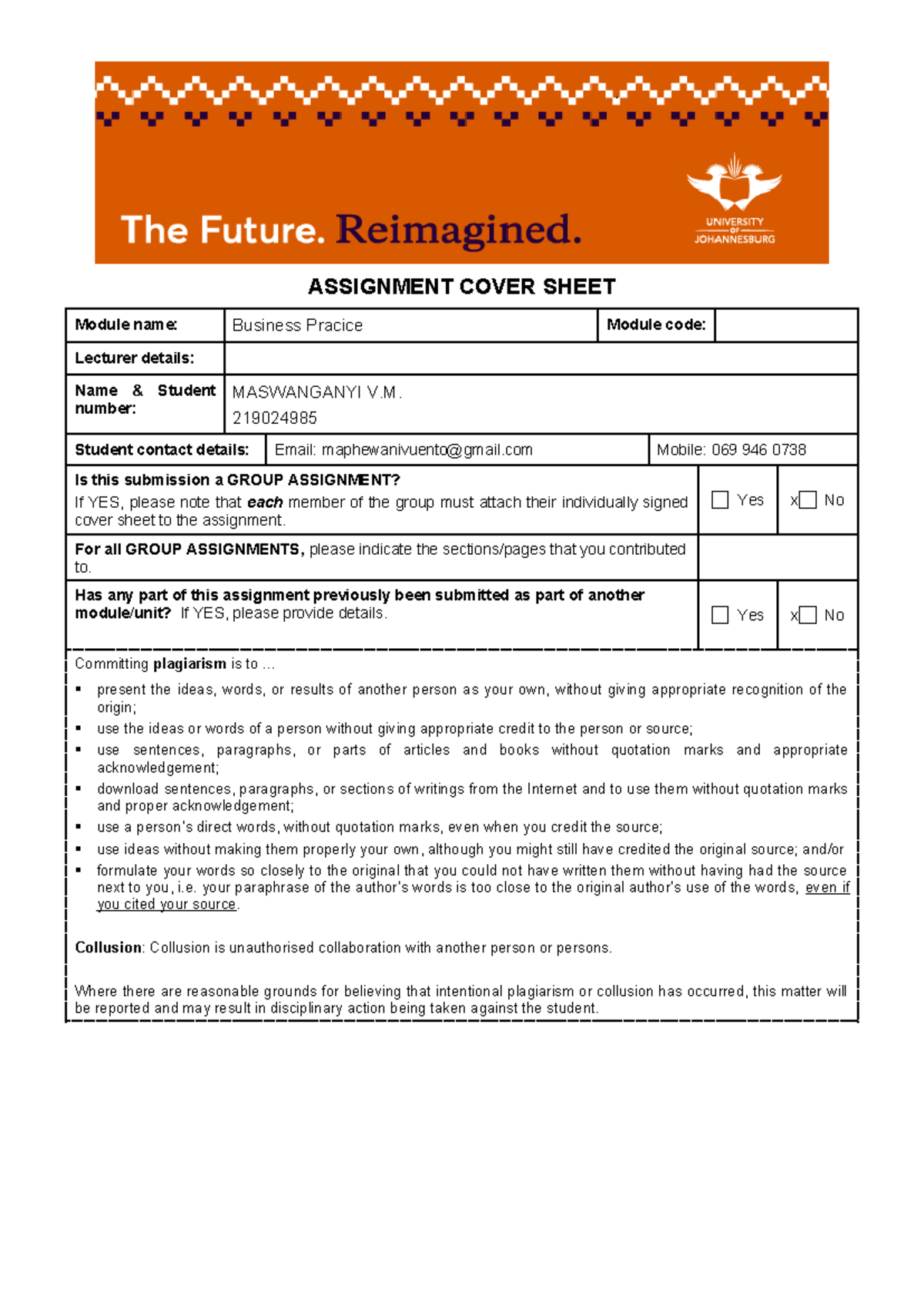 Business Assignment 3 Final - ASSIGNMENT COVER SHEET Module name ...