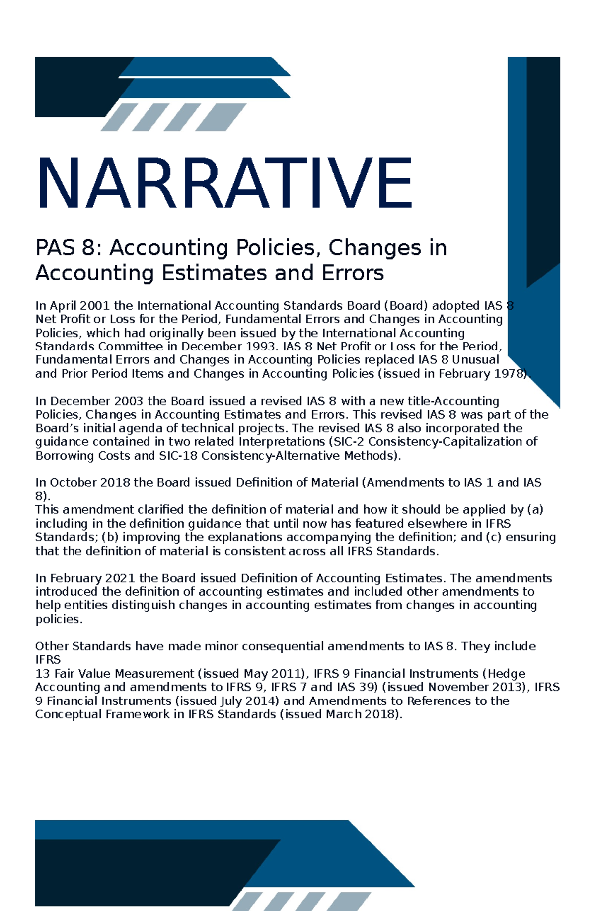 PAS 8 - Accounting Policies, Changes in Estimates and Errors - Studocu