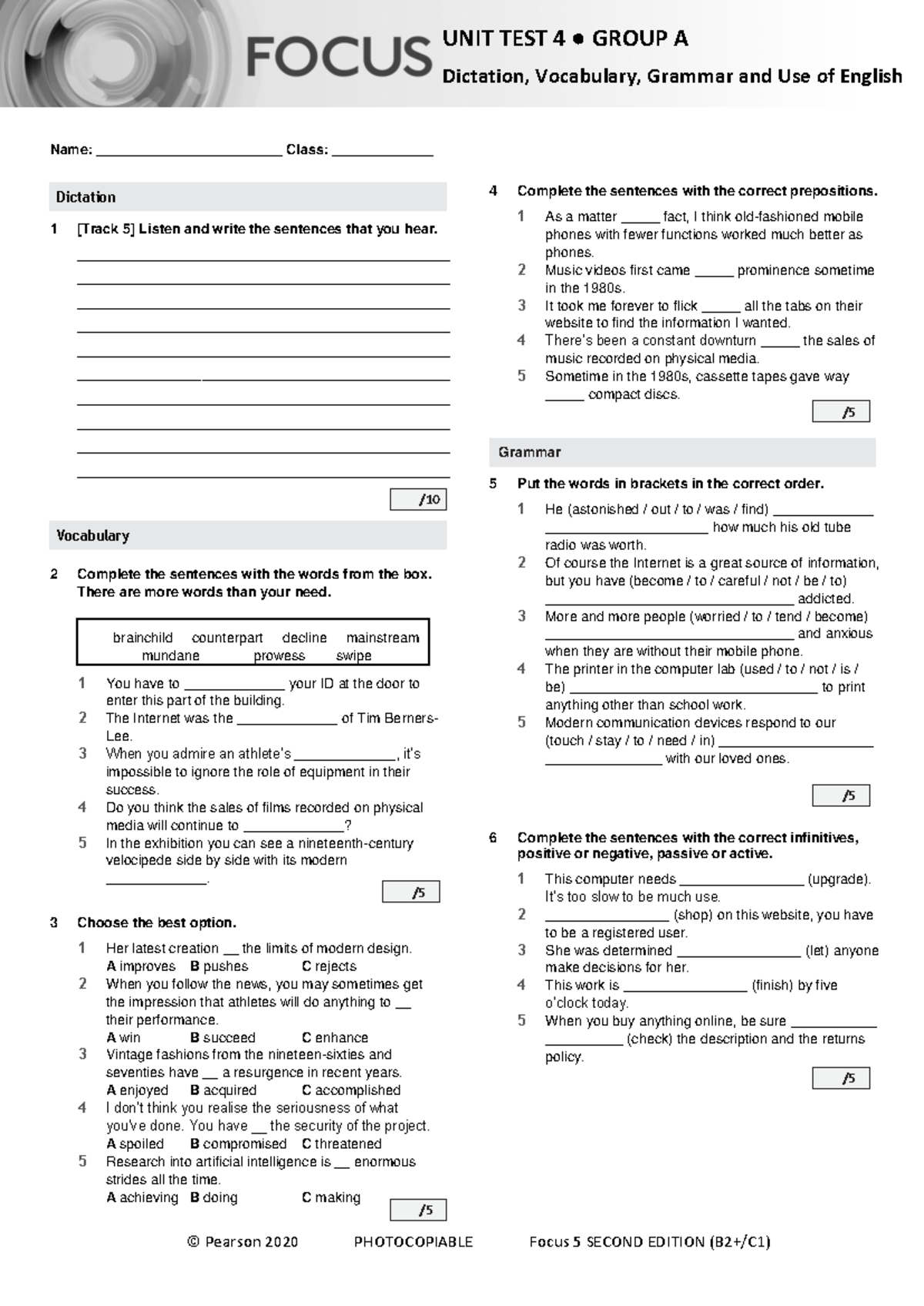 Focus 5 2E Unit Test 4: Dictation, Vocabulary & Grammar Guide - Studocu