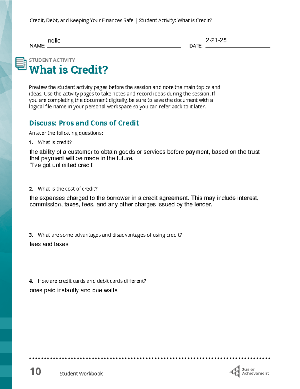 What is credit - cfg - 10 Student Workbook Junior Achievement™™ Credit ...