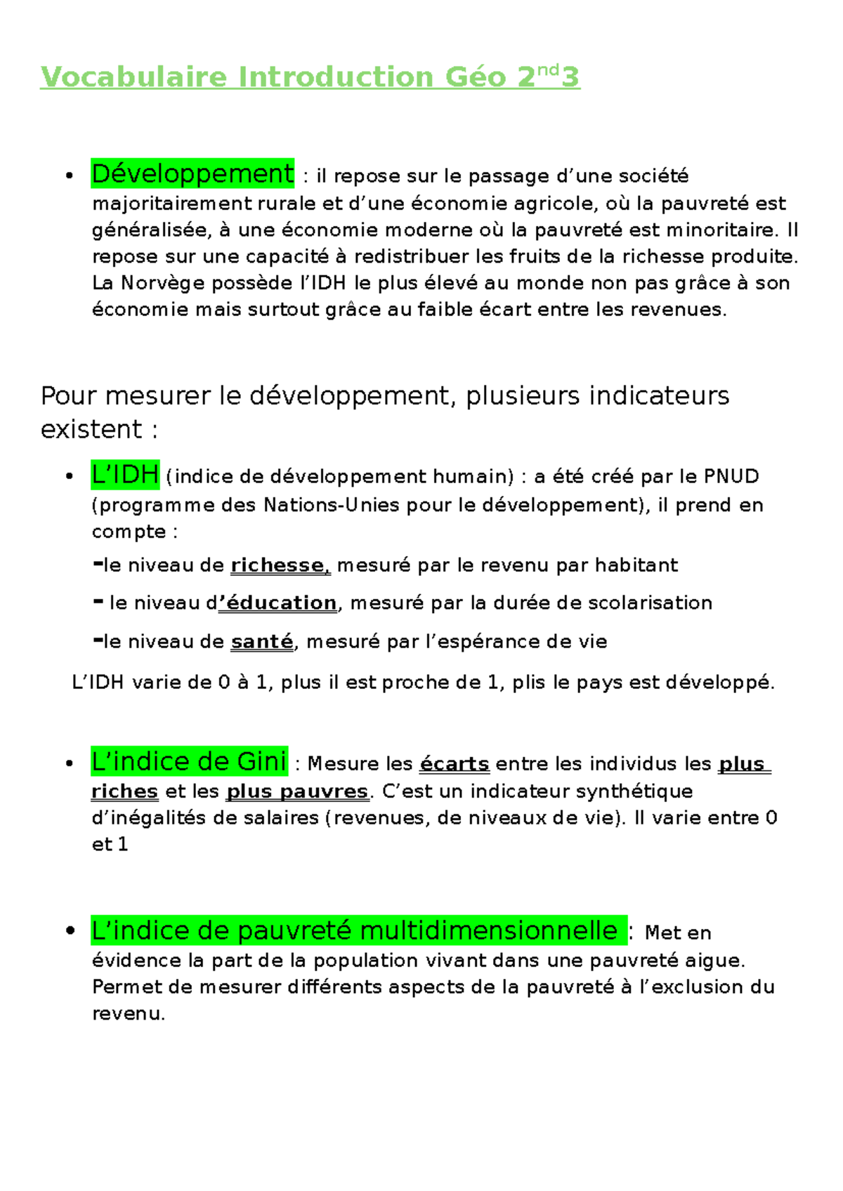 Vocabulaire Développement Économique - Géo 2nd3 - Studocu