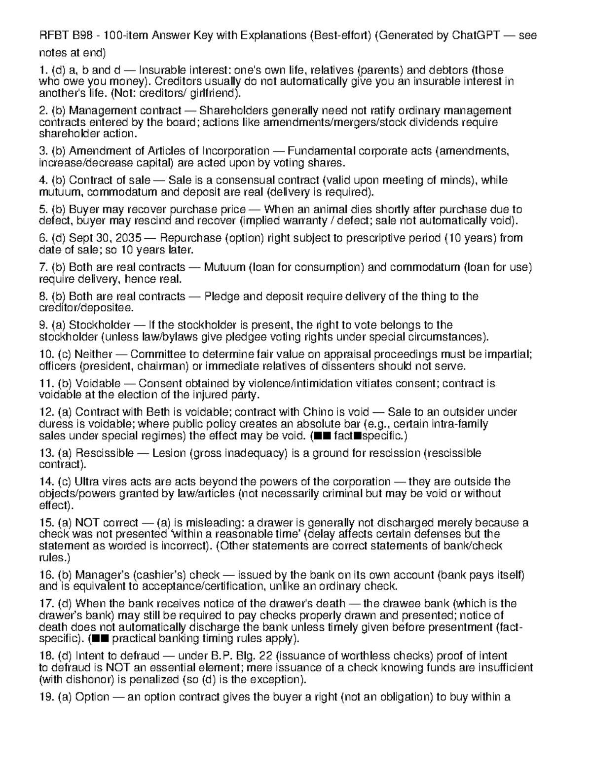 RFBT B98 Answer Key with Explanations for Review - Studocu