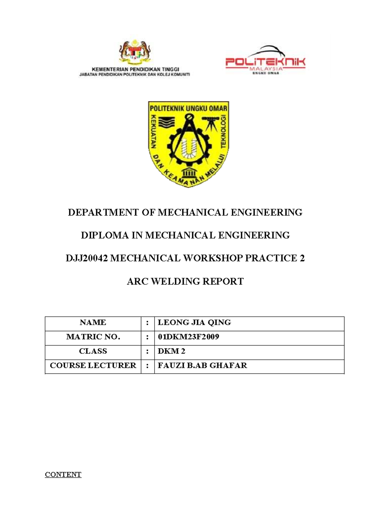 DJJ20042 Mechanical Workshop Practice 2: ARC Welding Report - Studocu