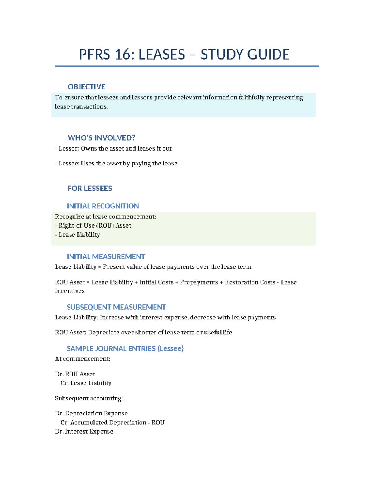 PFRS 16: Leases Study Guide & Notes for Lessees and Lessors - Studocu