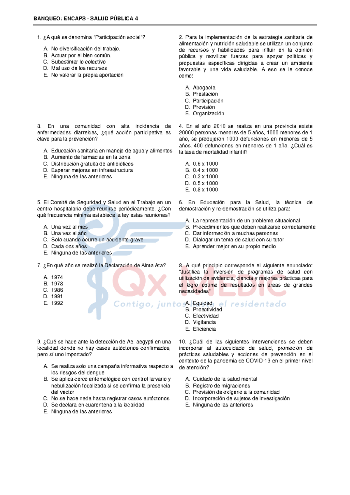 BANQUEO: ENCAPS SALUD PÚBLICA 4 - Preguntas y Respuestas Clave - Studocu