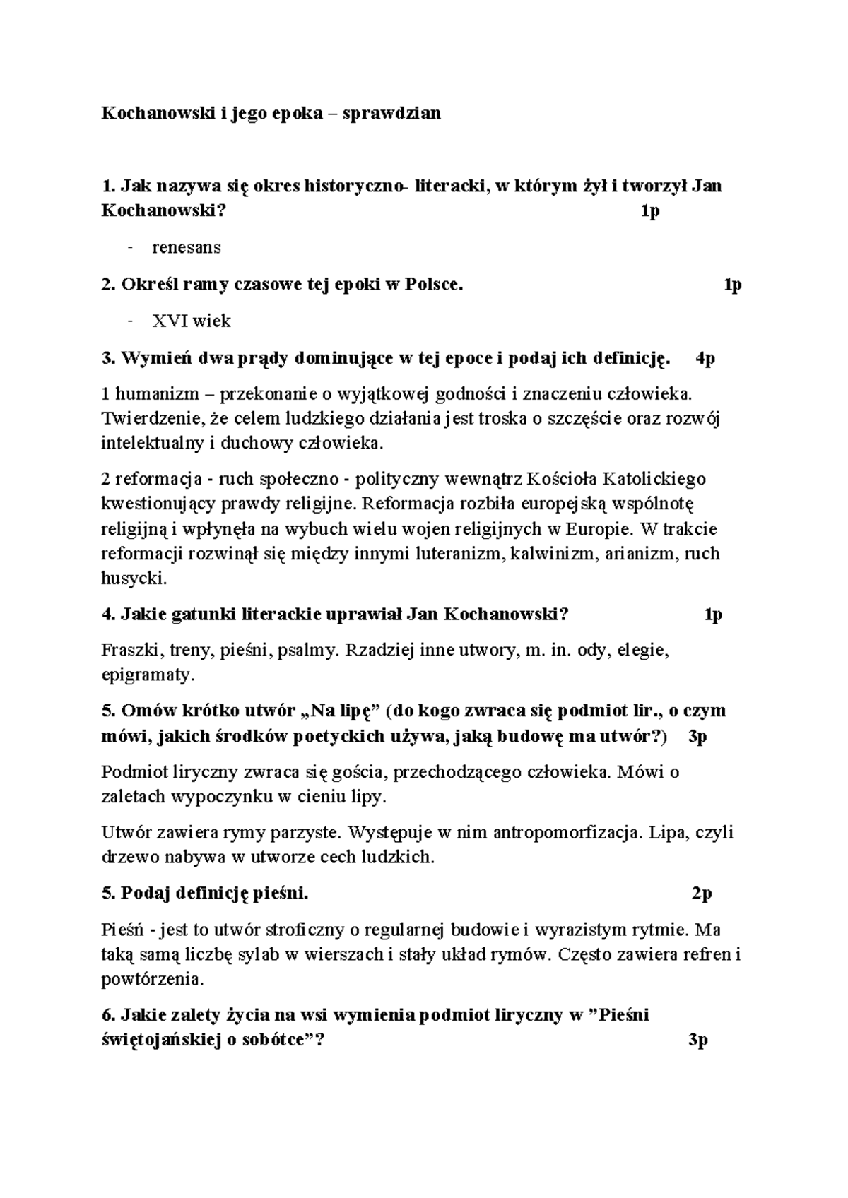 Jan Kochanowski Sprawdzian Klasa 8 www.studocu.com