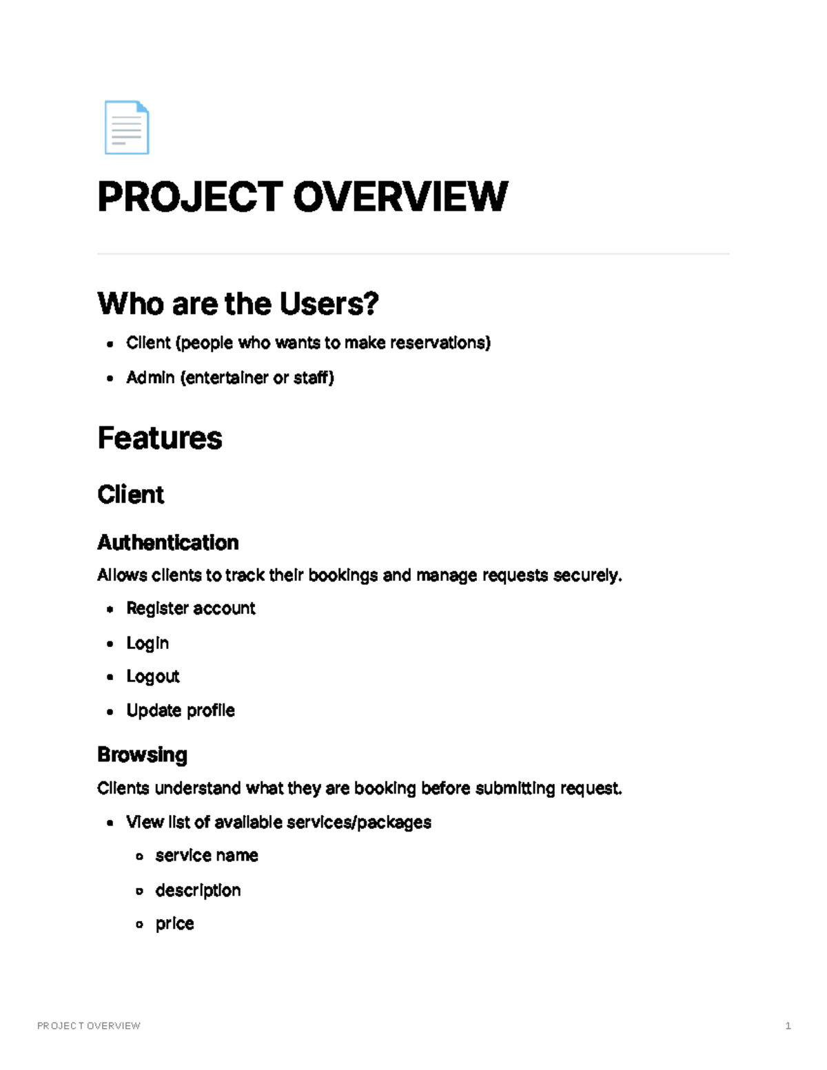 Project Overview: User and Admin Features for Booking System - Studocu