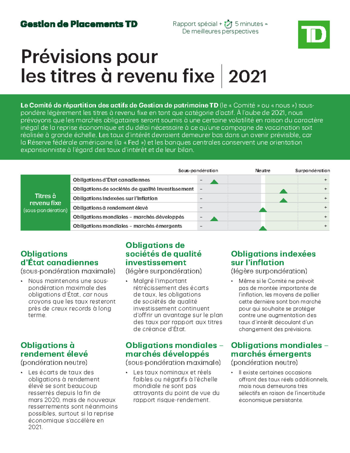 Prévisions pour les titres à revenu fixe - R pport spéci l + 5 minutes ...