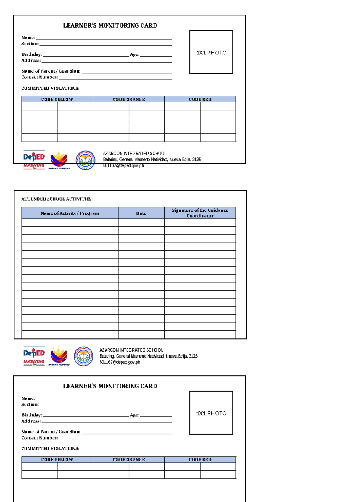 Learner's Monitoring Card for Azarcon Integrated School 2023 - Studocu