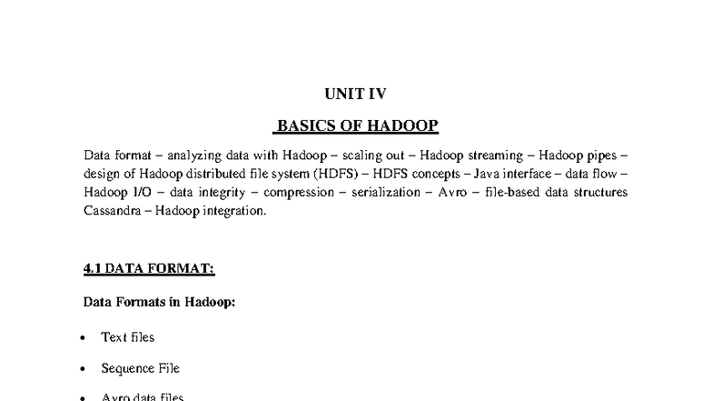 UNIT IV Study Notes: Exploring Basics of Hadoop - Studocu