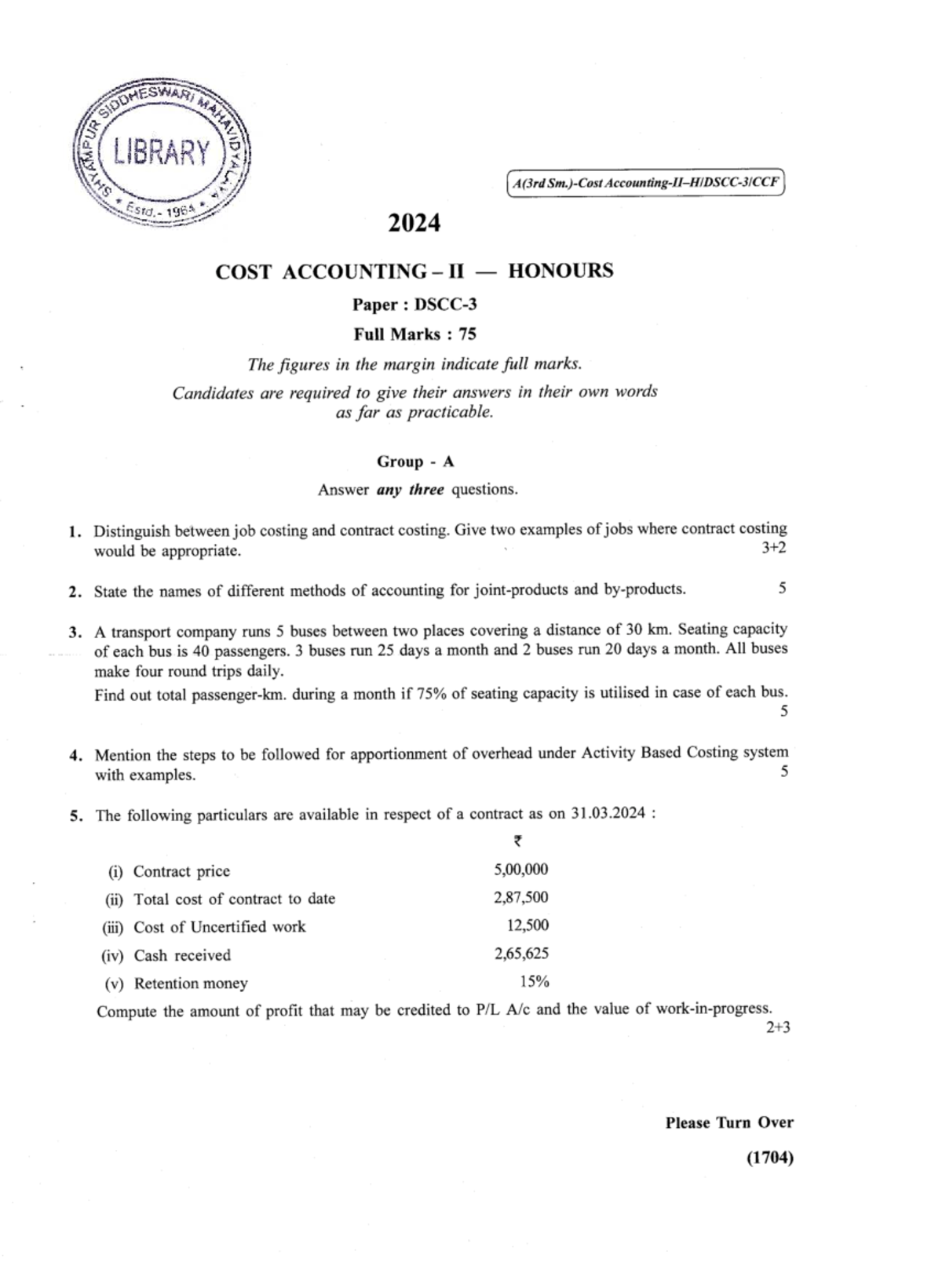 COST ACCOUNTING II (H) - 3rd Sem. Exam Paper Analysis & Solutions - Studocu