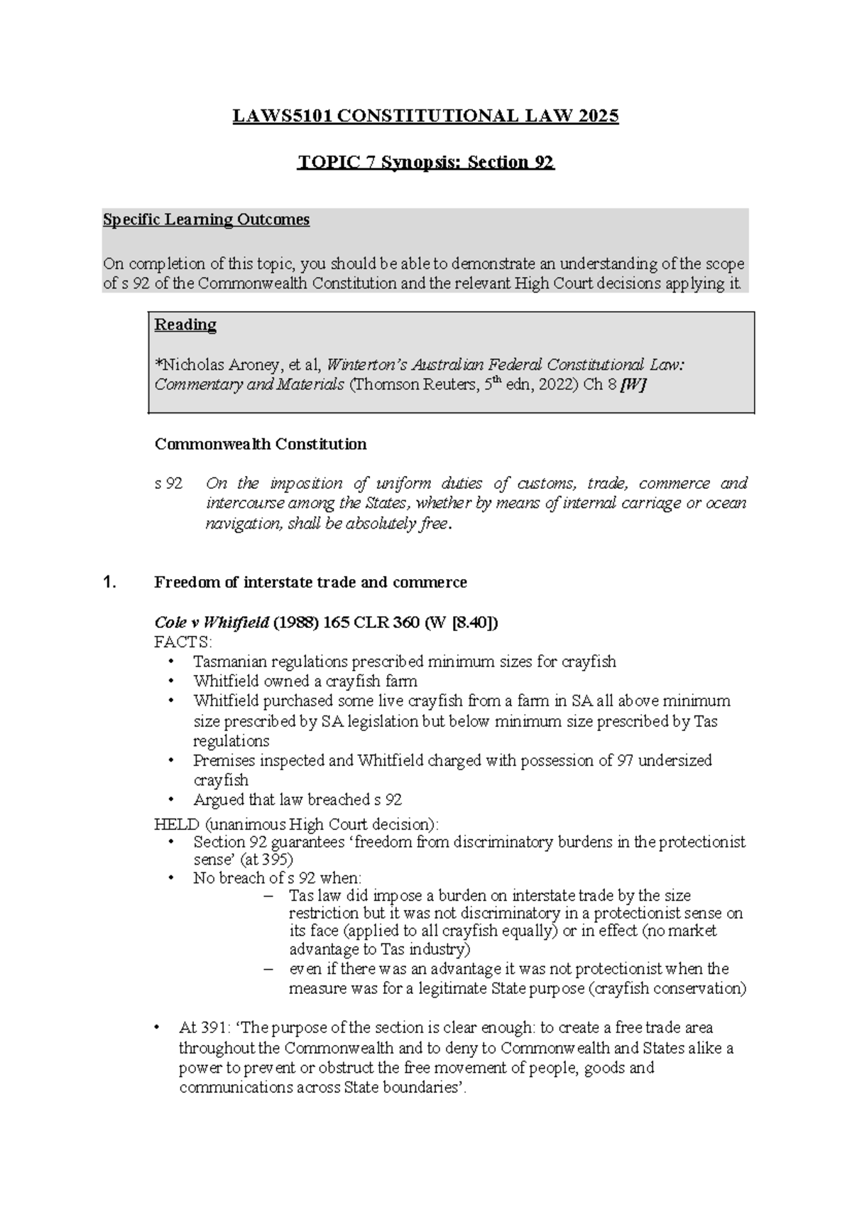 LAWS5101 CONSTITUTIONAL LAW 2025 TOPIC 7: Understanding Section 92 ...