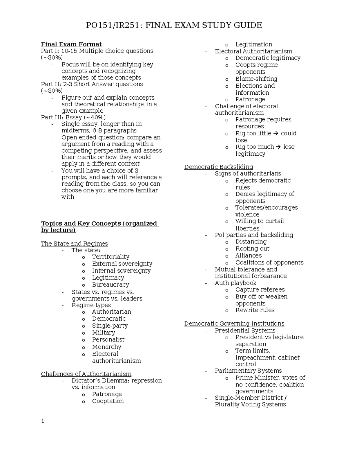Comparative Politics Study Guide: Auth. Regimes & Dynamics Analysis ...